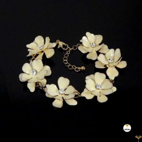 Ivory Enamel Flower Gold Finished Clear Rhinestones Bracelet Earrings Set