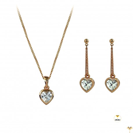 Jewellery Set - 18K Rose Gold Plated Crystal Hearts Drop Earrings Pendant Chain Necklace Set