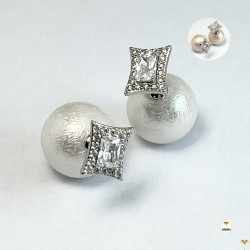 Luxury Pearl Earrings Double Sided Front Back Clear Crystal Square White or Light Pink Ball Bead Studs