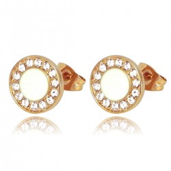 Classic Elegant Style Round 18K Rose Gold Plated White Enamel Clear Rhinestones Stud Earrings