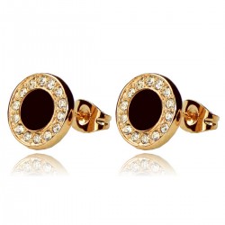 Classic Elegant Style Round 18K Rose Gold Plated Black Enamel Clear Rhinestones Stud Earrings