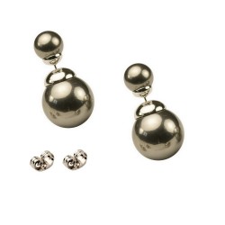 CLASSIC STYLE - SMALL SIZE - Metallic Dark Grey Bead White Gold Plated Double Bead Stud Earrings