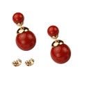 CLASSIC STYLE - SMALL SIZE - Semi Glossy Red Bead Rose Gold Plated Double Bead Stud Earrings