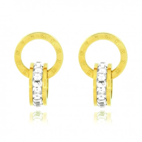 Luxury 18K Yellow Gold Plated Stainless Steel Rhinestones Roman Numerals Double Hoop Stud Earrings