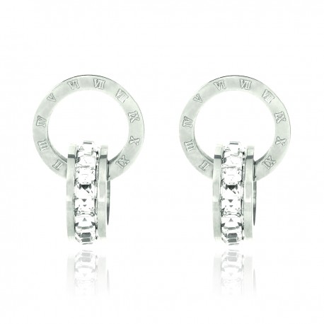 Luxury 18K White Gold Plated Stainless Steel Rhinestones Roman Numerals Double Hoop Stud Earrings