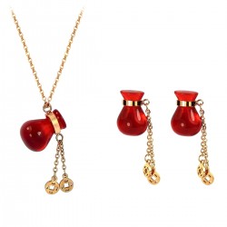 Luxury Magic Red Fortune Bag 18K Rose Gold Plated Stainless Steel Earrings Pendant Chain Necklace Jewellery Set