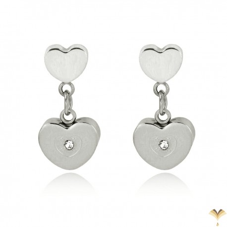 Luxury 18K White Gold Plated Stainless Steel Double Heart Rhinestones Drop Dangle Studded Earrings
