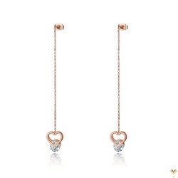 Luxury Open Heart with Crystal Rose Gold Plated Stainless Steel Long Chain Pull Through Threader Delicate Dangle Earrings