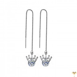 Crystal Crown Chain Threaders White Gold Plated Pull Through  Long Chain Drop Tassel Cubic Zirconia Dangle Earrings