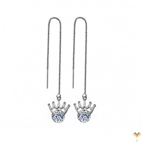 Crown Cubic Zirconia Pull Through Long Chain White Gold Plated Drop Tassel Cubic Zirconia Earrings