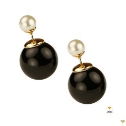 Glossy Black and White Double Pearl Earrings Double Sided Front Back Ball Bead Studs - BIG SIZE - Good Quality