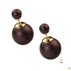 Double Pearl Earrings Double Sided Front Back Ball Bead Studs - BIG SIZE - Matte Aubergine Dark Purple Plum - Good Quality