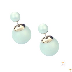 Matte Light Blue Double Pearl Earrings Double Sided Front Back Ball Bead Studs Gold Finished - MIDDLE SIZE - Good Quality