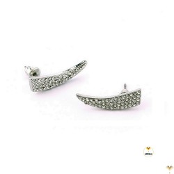Curved Triangle Paved Crystal Rhinestones Silver Colour Climbers Studded Earrings for Pierced Ears
