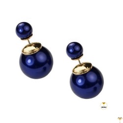 Metallic Blue Double Pearl Earrings Double Sided Front Back Ball Bead Studs Gold Finished - MIDDLE SIZE - Good Quality