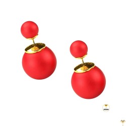 Matte Red Double Pearl Earrings Double Sided Front Back Ball Bead Studs Gold Finished - MIDDLE SIZE - Good Quality