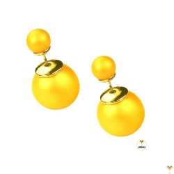 Matte Yellow Double Pearl Earrings Double Sided Front Back Ball Bead Studs Gold Finished - MIDDLE SIZE - Good Quality