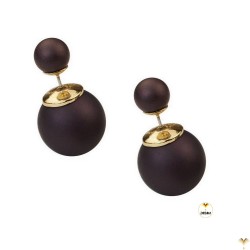 Matte Plum/Aubergine Color Double Pearl Earrings Double Sided Front Back Ball Bead Studs - MIDDLE SIZE - Good Quality