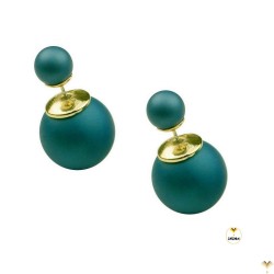 Matte Cobalt Blue Double Pearl Earrings Double Sided Front Back Ball Bead Studs Gold Finished - MIDDLE SIZE - Good Quality